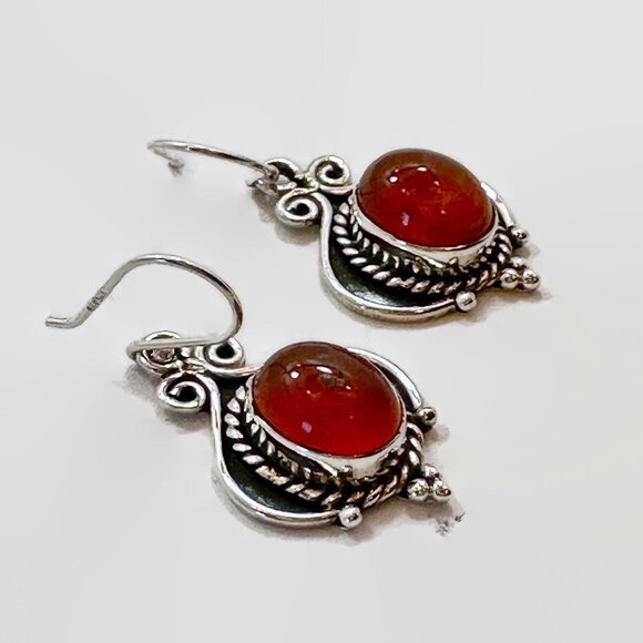 Red Carnelian Earrings, Sterling Silver, Pierced, Red Stone, Dangle Earrings - Picture 2 of 3